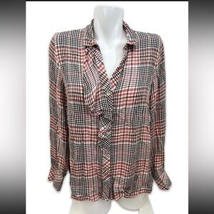 NWT J Jill Women's Multicolor Plaid Button Down Long Sleeve Ruffle Blouse